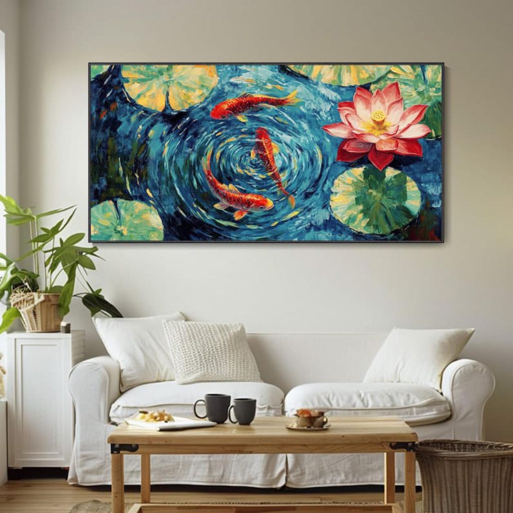 Lukisan ikan koi tektur timbul, minimalis modern