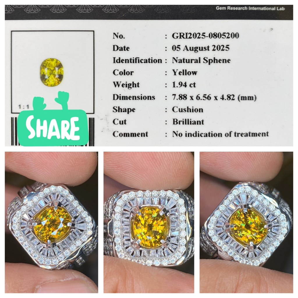 Natural 1.94ct rainbow sphene memo gri ring perak micro