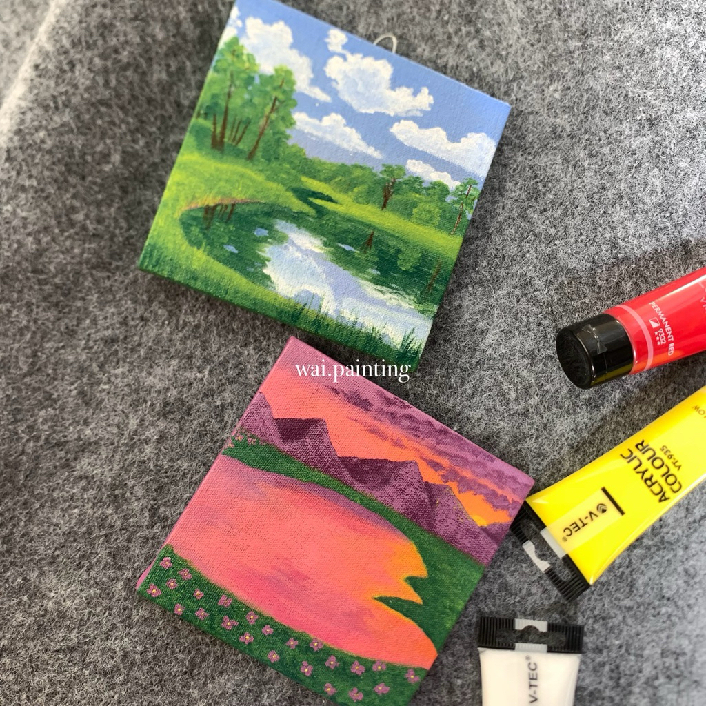 lukisan kanvas aesthetic 10x10 cm - lukisan mini kanvas - lukisan pemandangan - lukisan cat akrilik