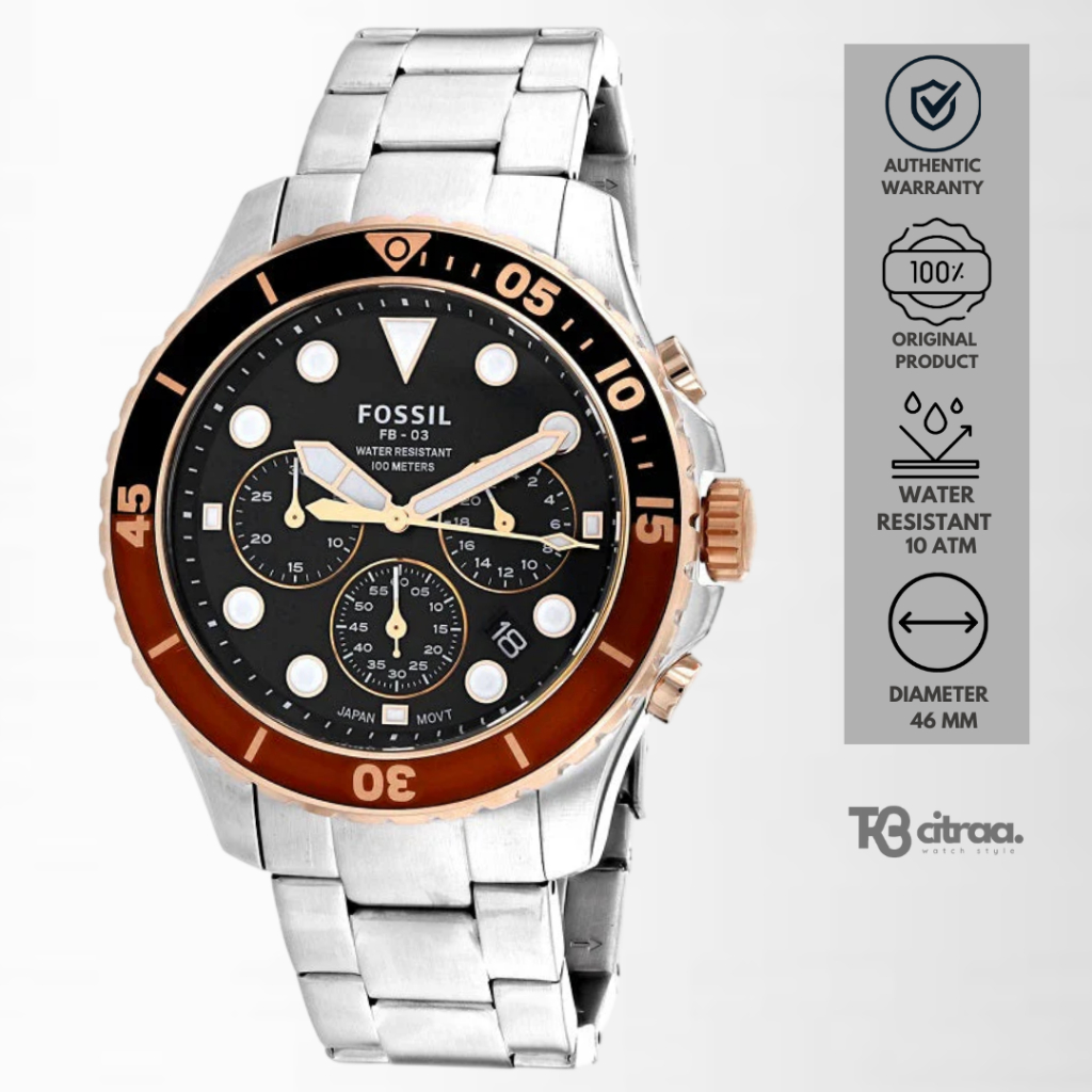 Jam Tangan Pria Fossil FB-03 FS5768 Chronograph Men Black Dial Silver Stainless Steel Strap Mewah Sp
