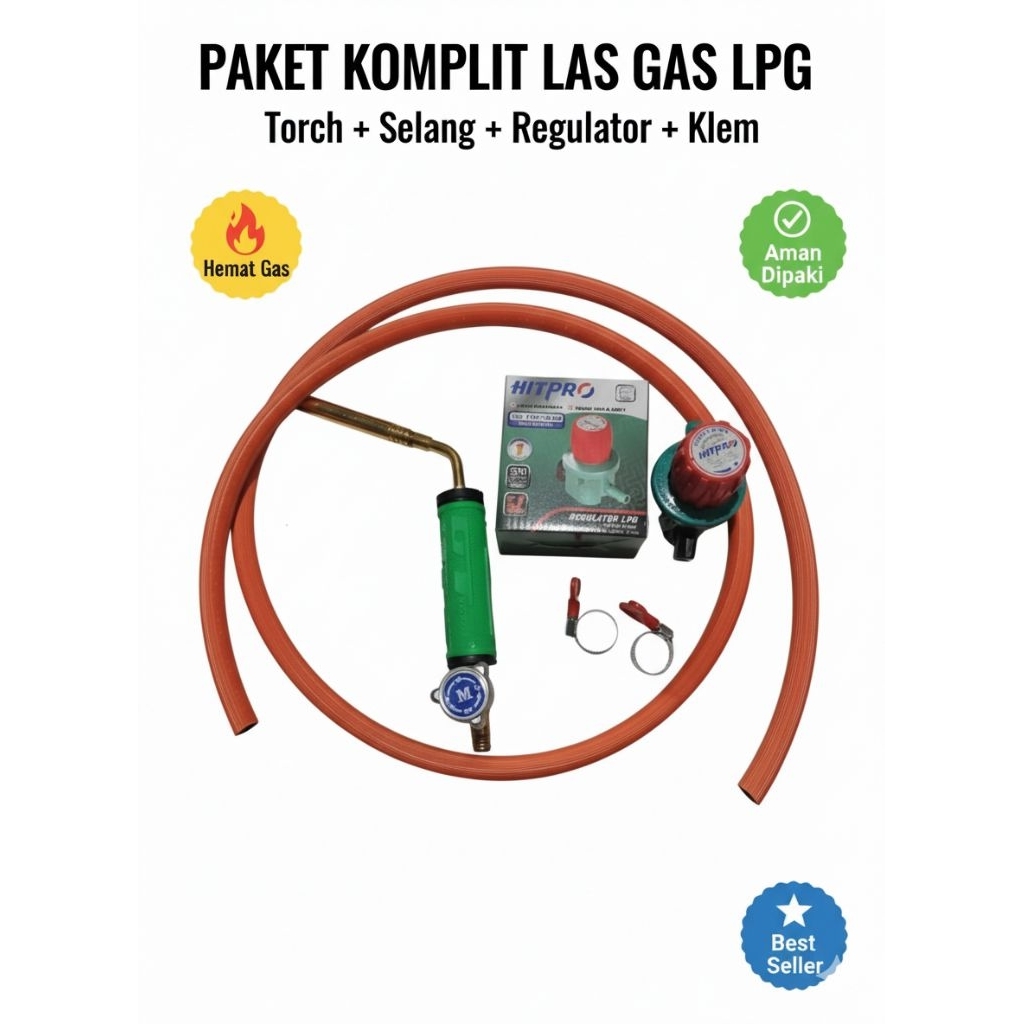 Paket Komplit Alat Las Gas LPG Torch Bakar + Regulator Hitpro + Selang Gas + Klem | Obor Las Gas Len