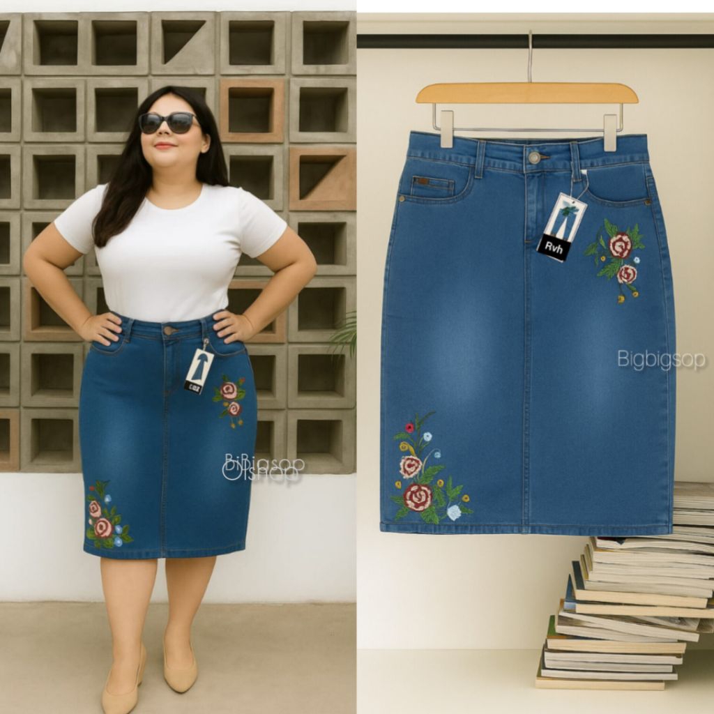 SPAN JEANS BORDIR BIG SIZE.Rok span 7/8. jeans Strerch ,Rok span bordir Bunga.Jumbo.
