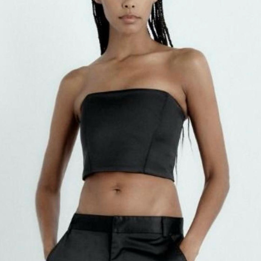 ZARA Black Corset Satin Crop Top - atasan tube wanita kemben