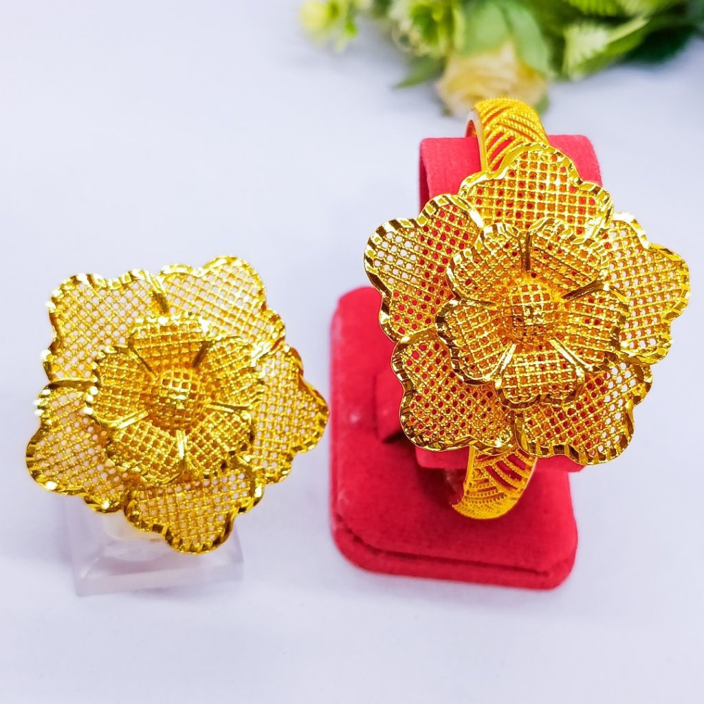 GELANG BESAR BUNGA KENDARI DENGAN CINCIN BUNGA KENDARI PERHIASAN BUNGA KENDARI LAPIS EMAS 24K