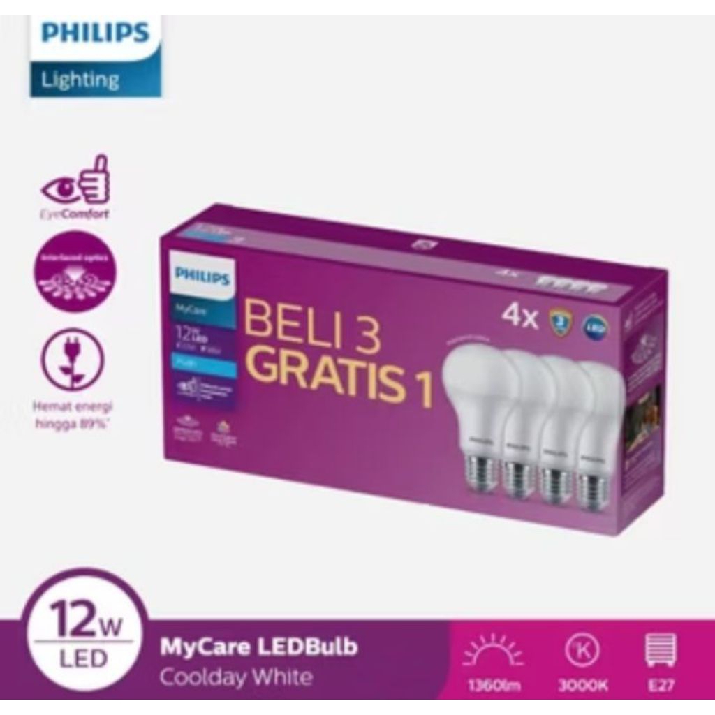 Cod lampu LED 12 Watt Multipack bola lampu Philips beli 3 gratis 1 lampu
