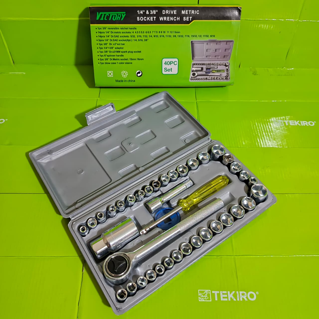 Kunci Shock Sock Sok Set 40 Pcs 4-21 mm VICTORY 1 Box Drive Socket 1/4 - 3/8 Inch 6 Pt Socket Wrench