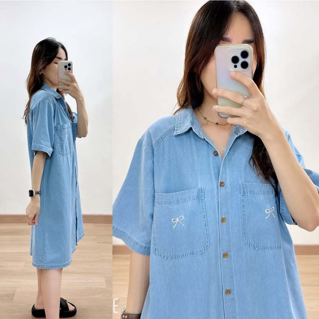 Foria Ribbon Denim Dress Wanita Bigsize Korea / Dress Casual / Dress Premium