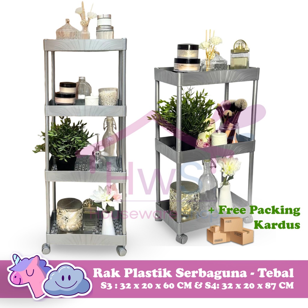 Rak Plastik Serbaguna Susun 3, Susun 4 / Rak Bumbu Dapur / Rak Portabel Makeup Buku - Ada Roda
