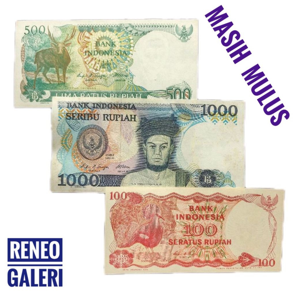 Paket 3 lembar Mulus tahun 80an miniset uang kuno 1980an kertas unik asli 100 500 1000 rupiah 1988 1