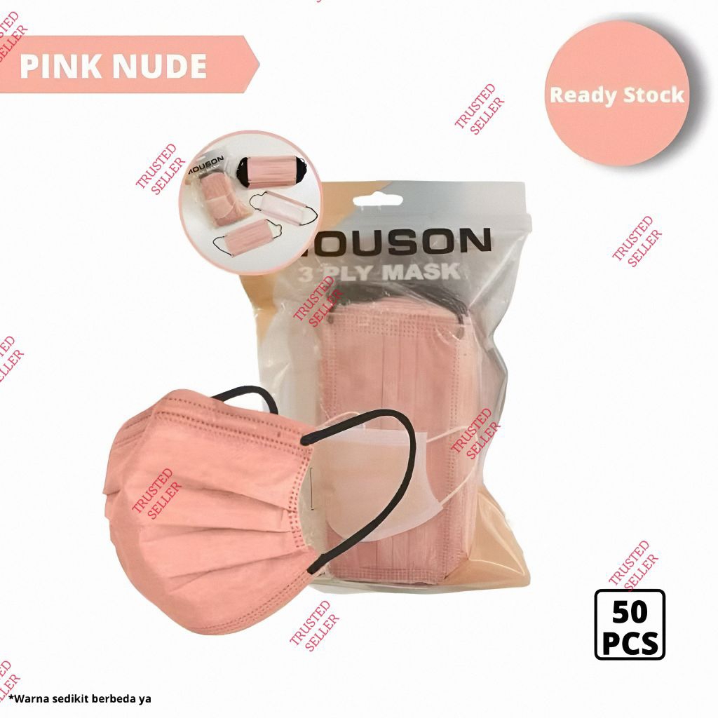 ALGAN25 MASKER MOUSON 3PLY EARLOOP ISI 50 PCS CANTOL TERMURAH WARNA NUDE PINK