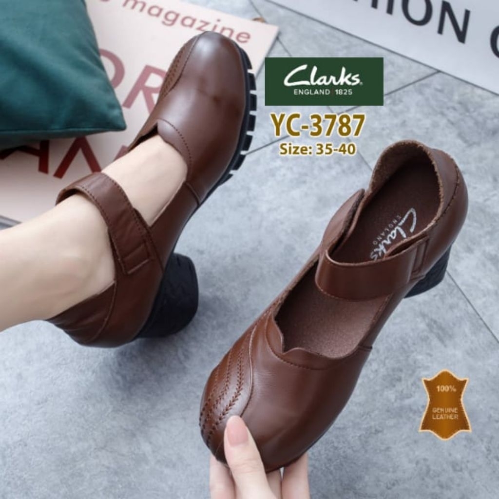 Sepatu Kulit ASLI wanita kekinian TERNYAMAN *Clarks YC-3787 Strap Block Heels 5cm*ORIGINAL KULIT ASL