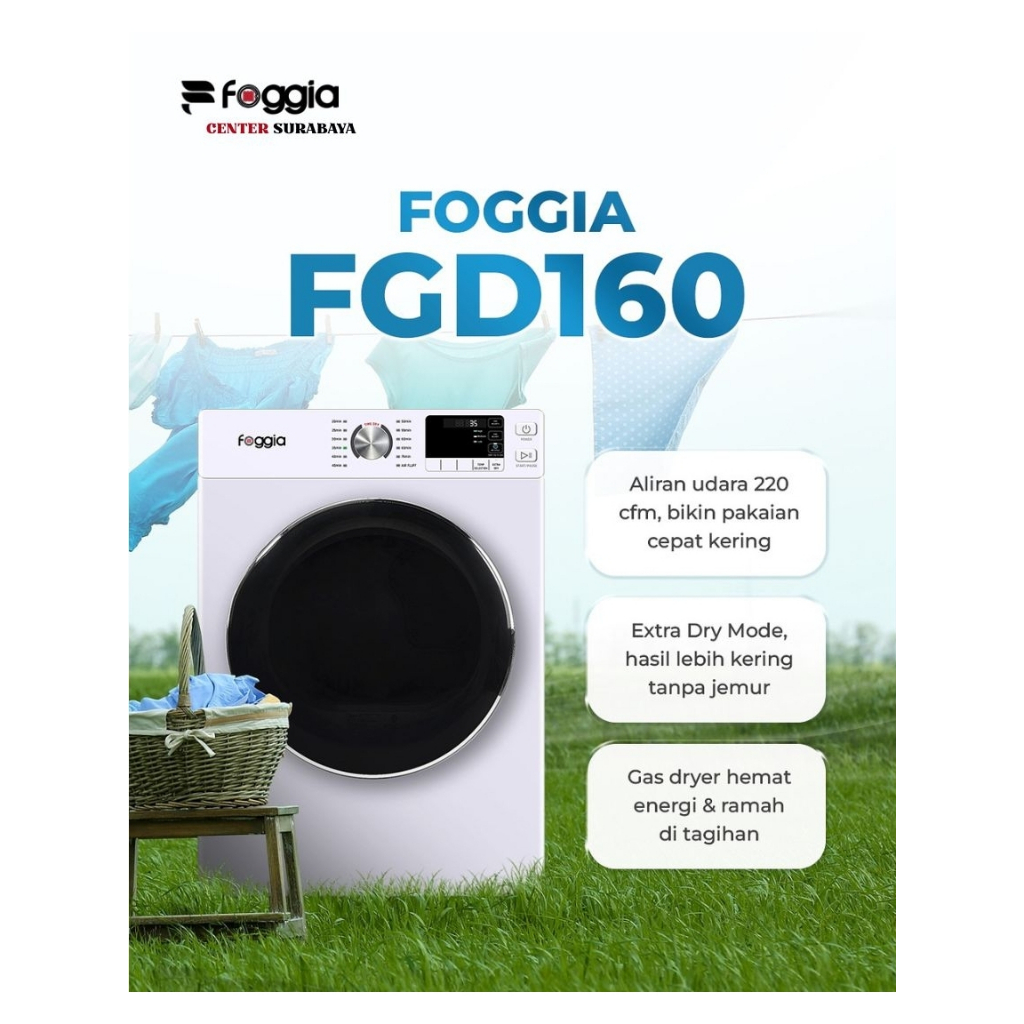 [FOGGIA FGD160] FGD160WH | Mesin Pengering 16KG | Pengering Laundry Gas Tahan Lama