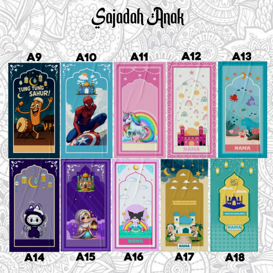 Sajadah Anak Custome Gratis Nama Karakter Laki - Laki Dan Perempuan Full Printing
