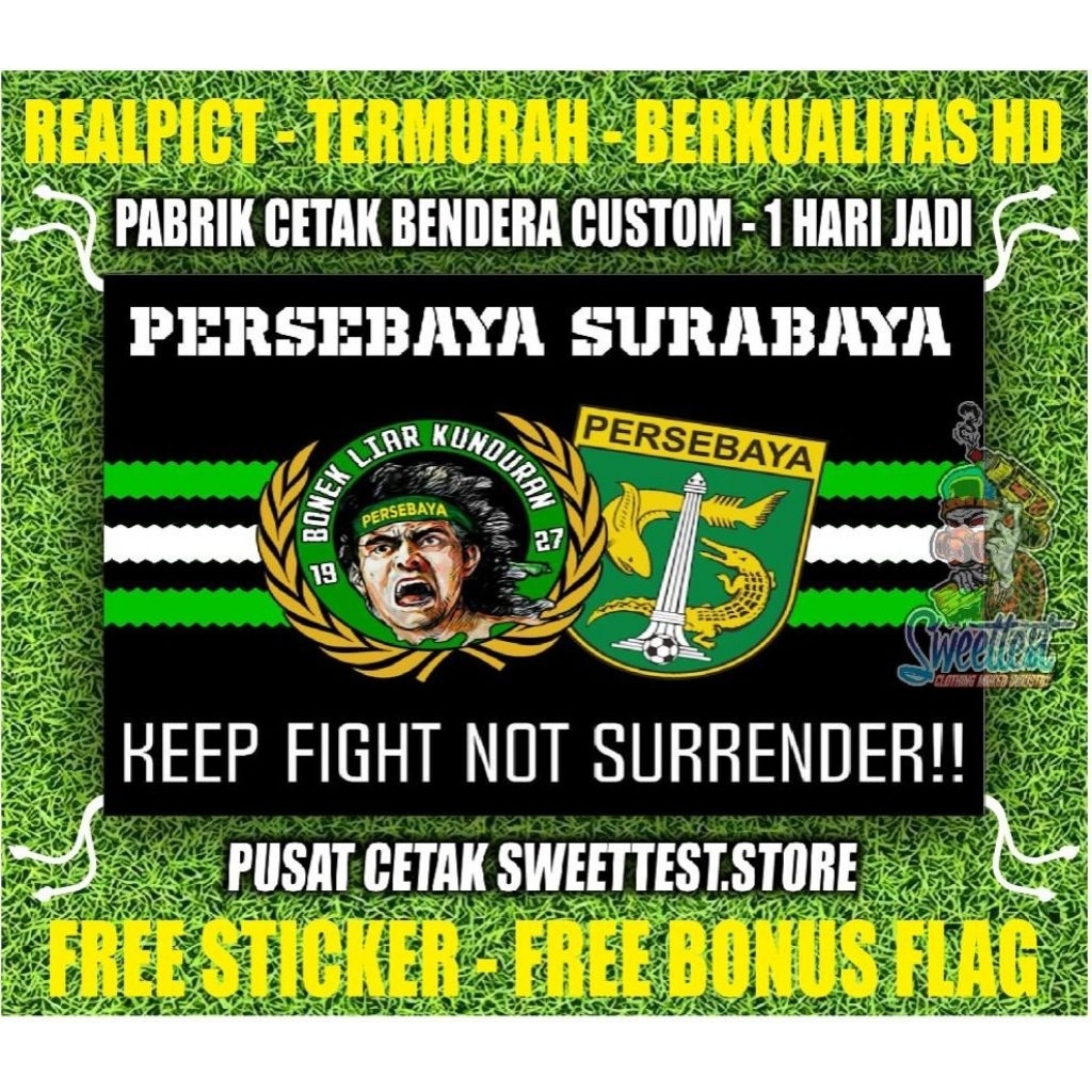 READY STOK + FREE STICKER BENDERA PERSEBAYA SURABAYA, MINIFLAG PERSEBAYA, GIANTFLAG PERSEBAYA, LOGO 