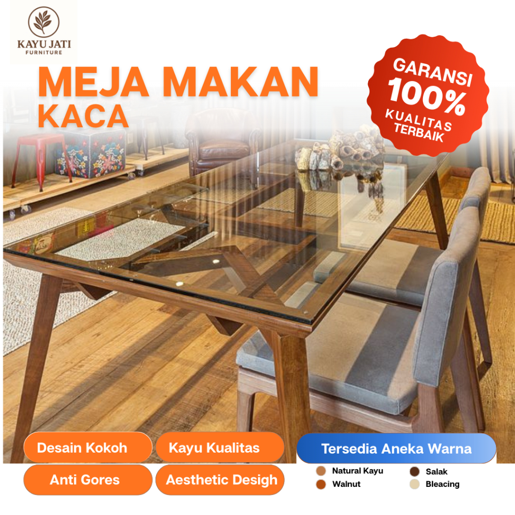 KAYU JATI Meja Makan Kaca Kursi Busa
