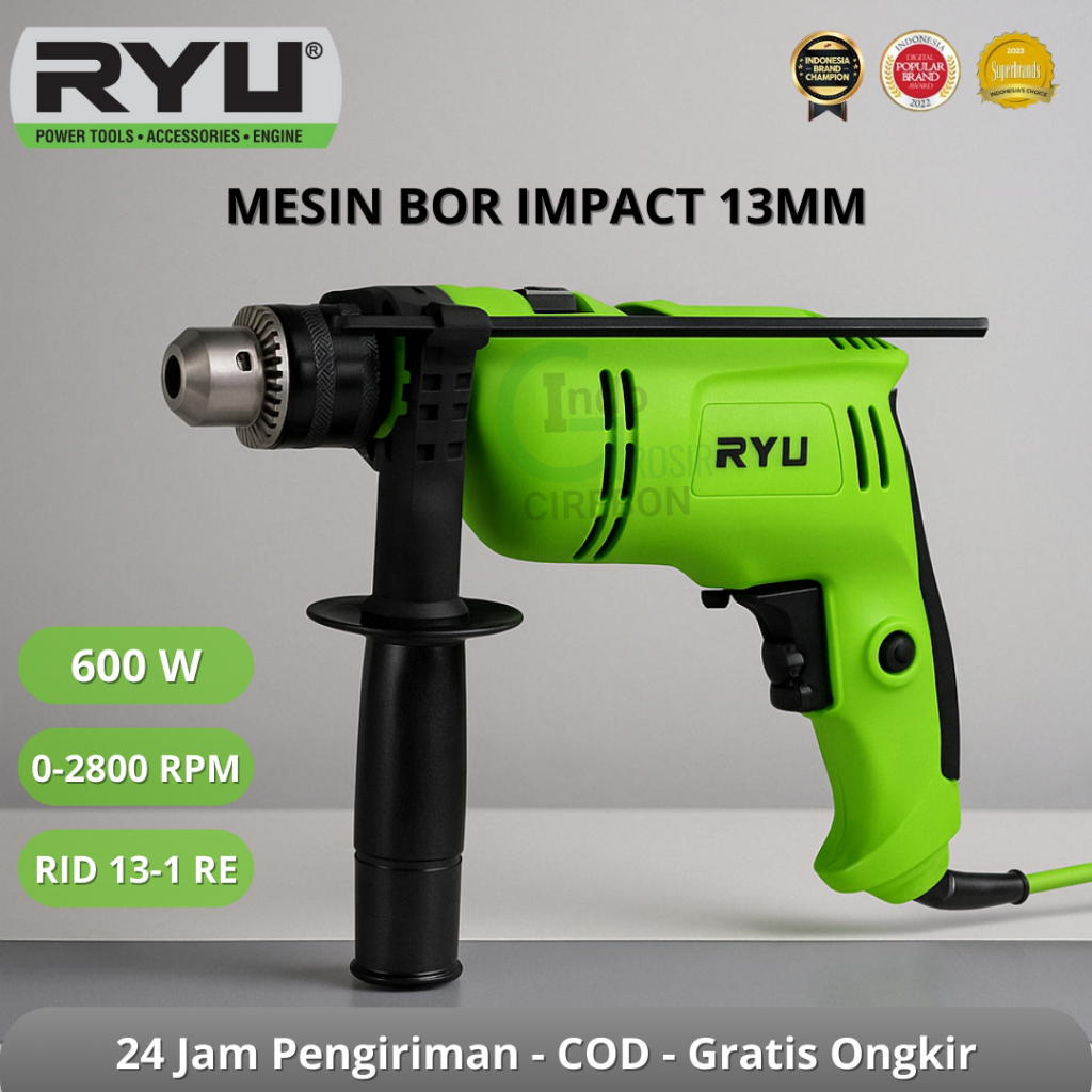 RYU Mesin Bor Tembok Beton 13mm Impact Drill Bor Besi Listrik Bolak balik Variable Speed RID 13-1 RE