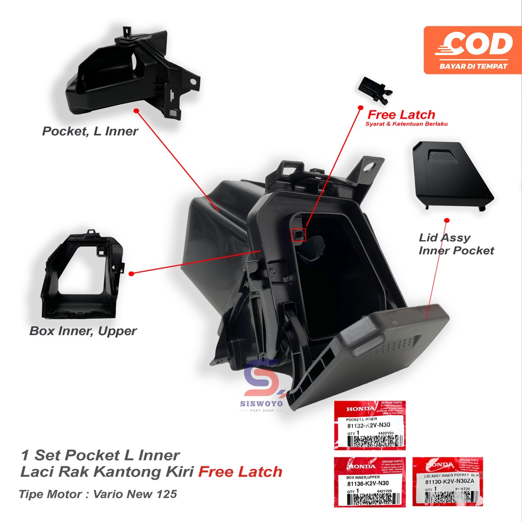 Lid Pocket Inner 1 Set Laci Rak Kantong Kiri free Latch New Vario 125 Esp Ori AHM K2V 2022 2023 2024