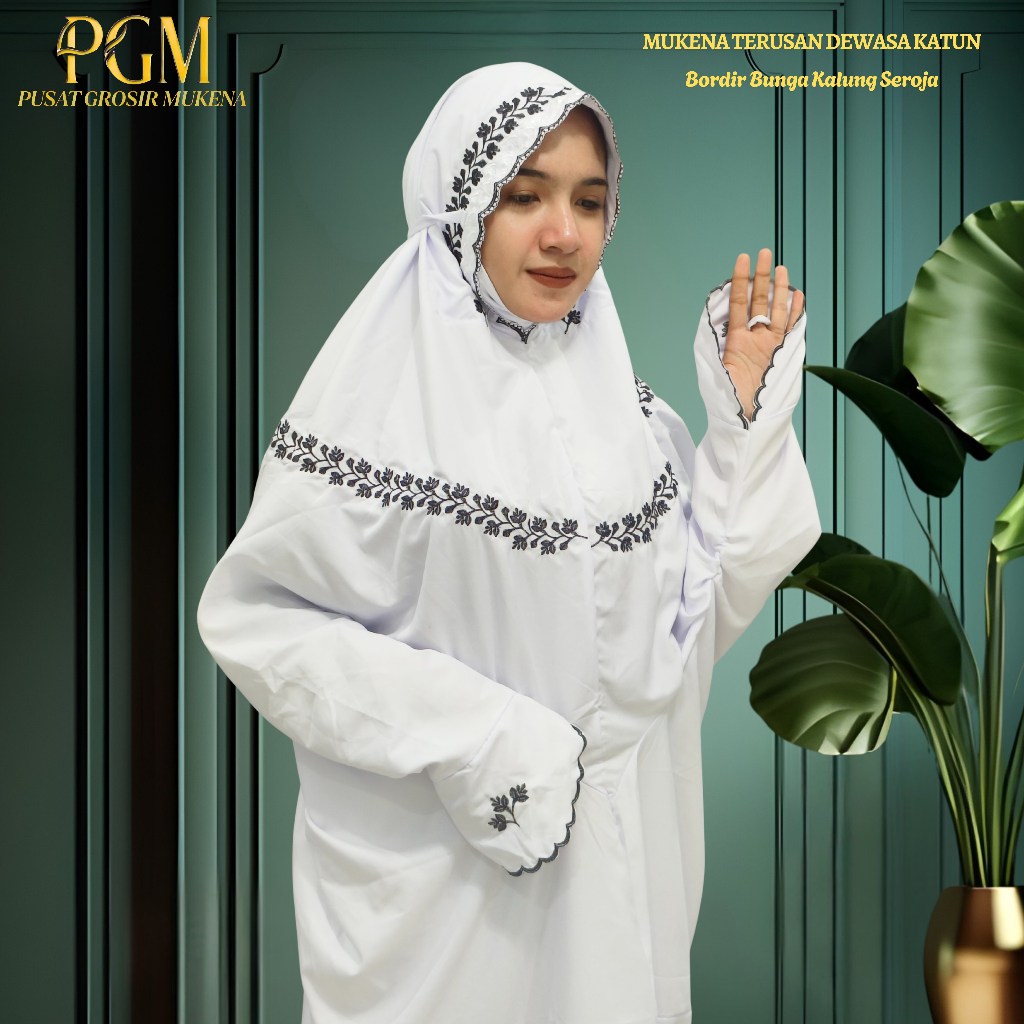 Mukena Terusan Dewasa Katun Polino Motif Bordir Bunga Kalung Seroja Indah