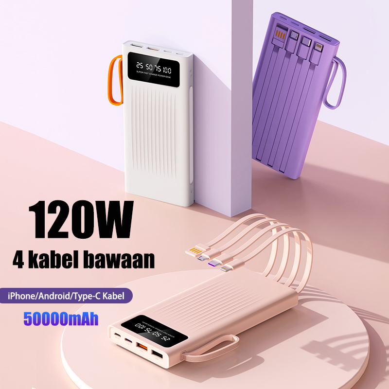 120W 4 kabel bawaan Powerbank 50000mAh Fast Charging Mini LCD with Kabel Data Type C Micro USB Light