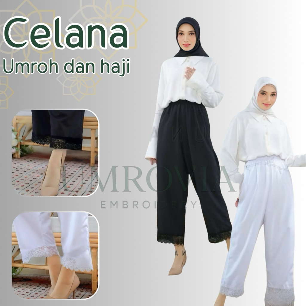 Celana Umroh Haji Wanita Celana Dalaman Gamis Bersaku Resleting Bahan Katun Premium & Renda Mewah