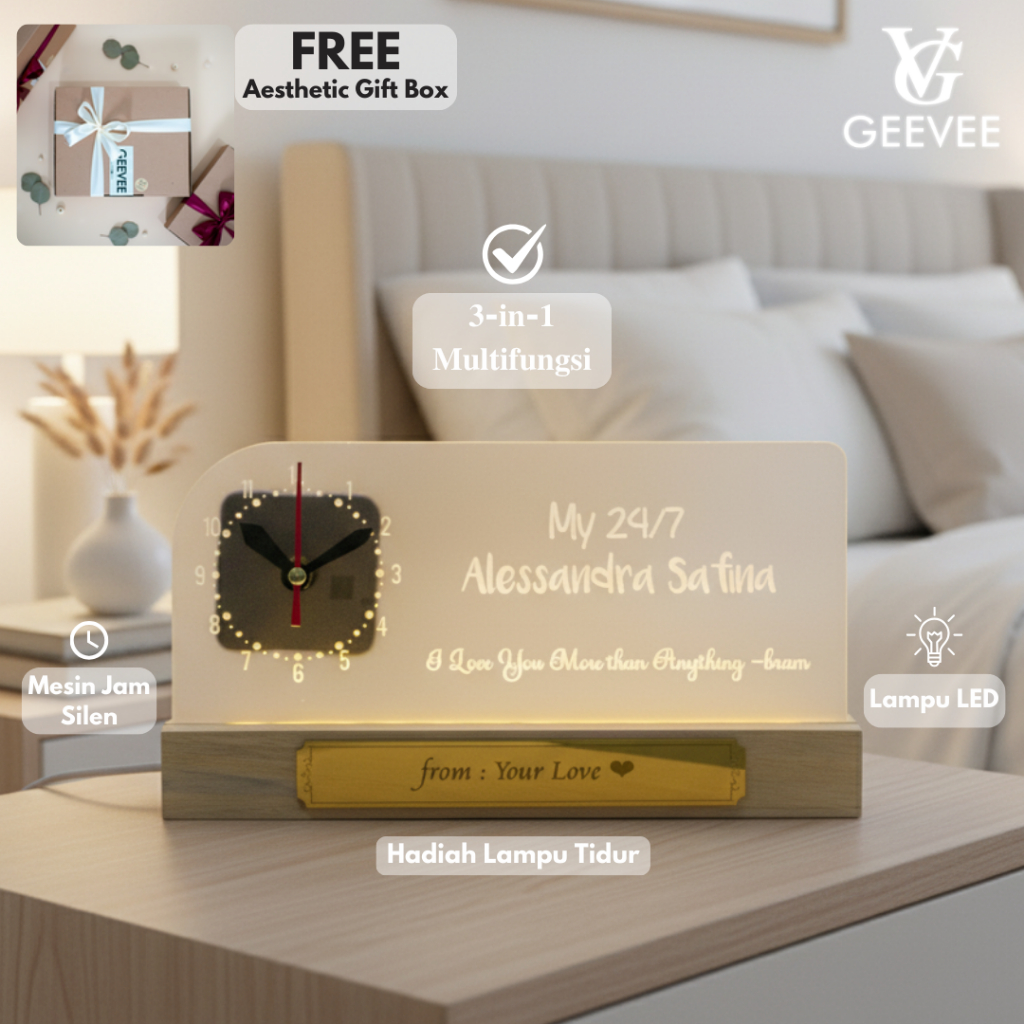 Lampu Jam Meja Custom Akrilik Papan Nama Elegan & Mesin Sweep LED Warmwhite(Free Adapter+Gift Box)
