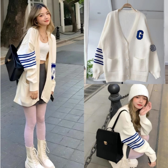 Sweater Cardigan Wanita Pria Big Size ( S - 6XL ) Jacket BASIC STRIP Custom Inisial Korean Ulzzang F