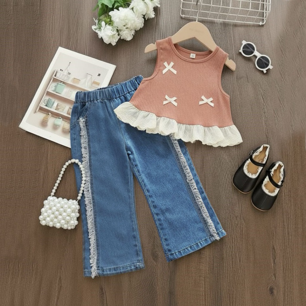 Setelan Baju Anak Perempuan Kaos Knit Pita Renda Celana Jeans Kekinian Usia 1-5 Tahun