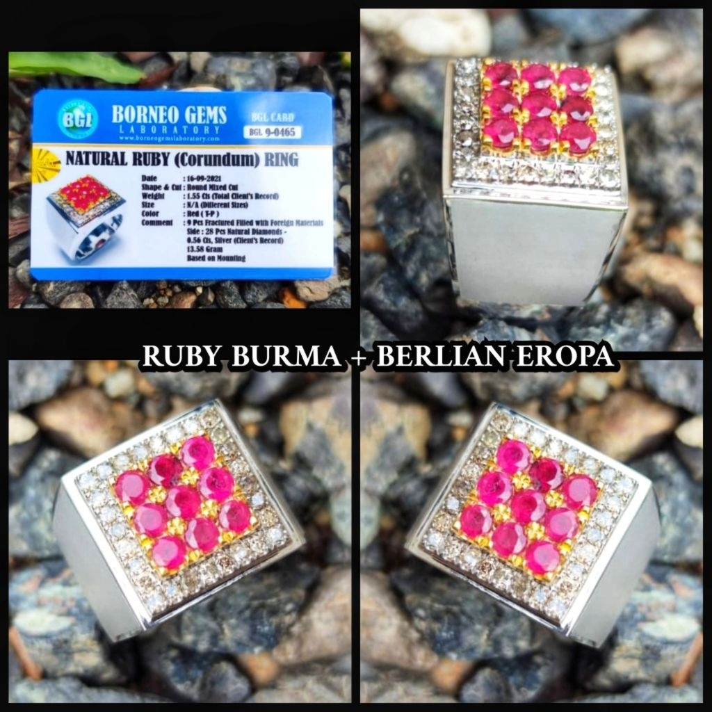 cincin asli berlian putih banjar + full batu tengah ruby burma