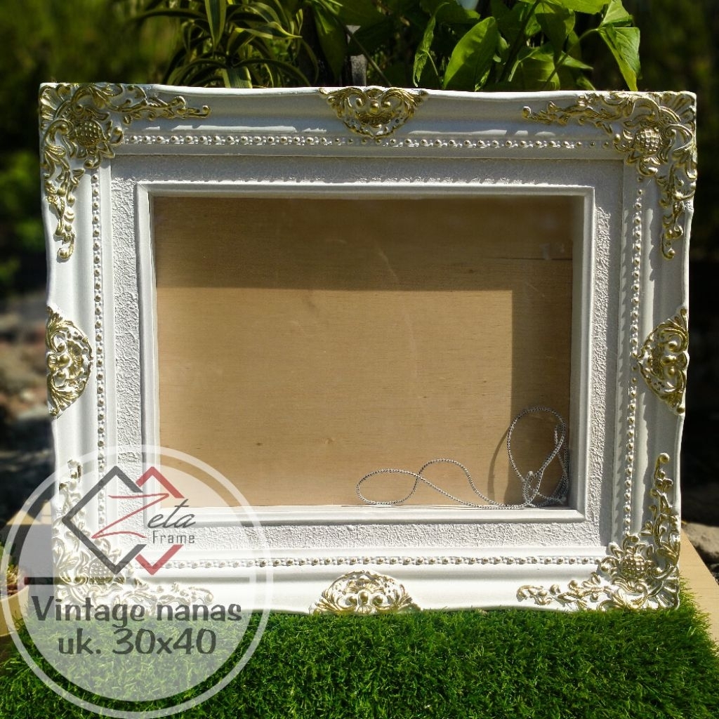 Pigura mahar belgi - pigura mahar ukir belgi nanas putih gold dobel linen uk. 30x40 - bingkai mahar 