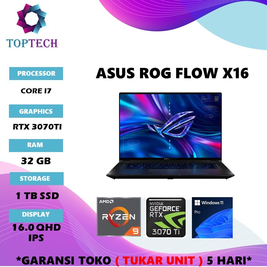 LAPTOP ASUS ROG FLOW X16 GV601RW TOUCH RYZEN 9 6900 RTX3070TI RAM 8GB/ 32GB 1TB WINDOWS 11PRO 16.0QH