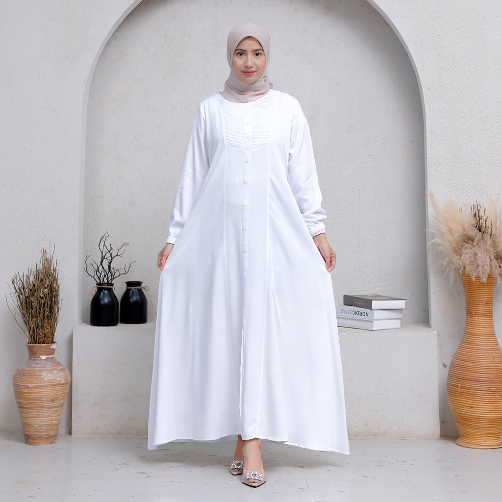 Gamis Rayon Twill Polos Kekinian Untuk Harian – Gamis Muslimah Adem Tidak Menerawang Putih Jumbo