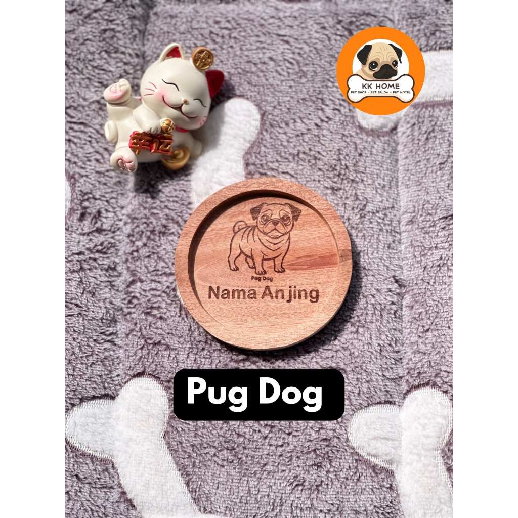 [FREE GRAFIR] Tatakan Gelas Kayu Custom Jenis Anjing Pug dan Nama 9Cm | Coaster Kayu Custom Jenis An