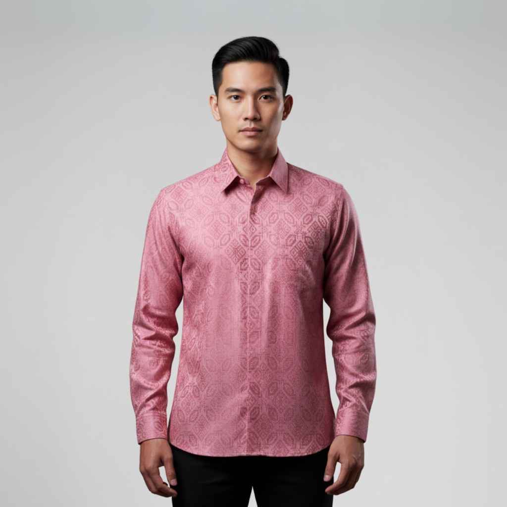 WOVNARA Tenun Premium Vicitra - Kemeja Songket Tenun Baron Pria Lengan Panjang warna Pink Soft