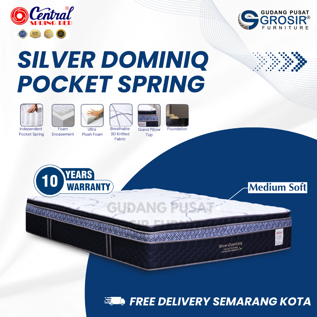 CENTRAL Spring Bed - Silver Dominiq Pocket Spring - Semua Ukuran - Matras