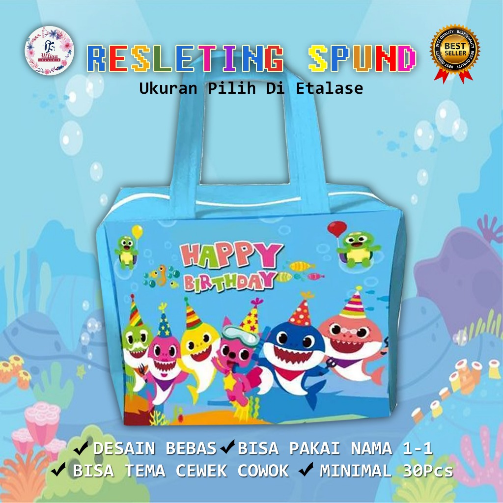 RESLETING SPUND Tas Souvenir Ulang Tahun Muat BOX KFC/BENTO/Snack Jajan Tema Baby Shark Custom Nama