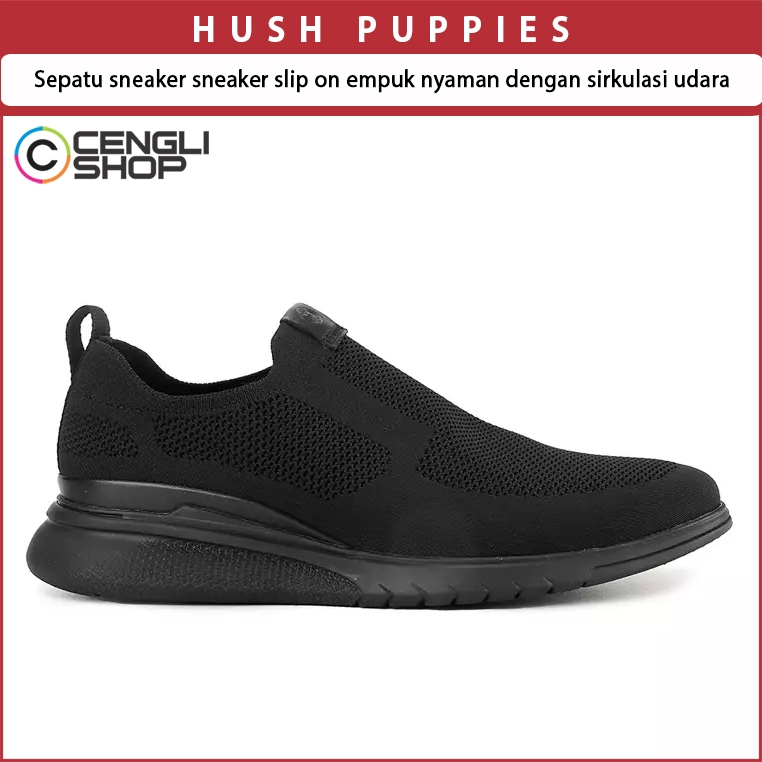SEPATU SLIP ON SNEAKER PRIA HUSH PUPPIES ORIGINAL TANPA TALI ALL FULL BLACK HITAM POLOS HM25