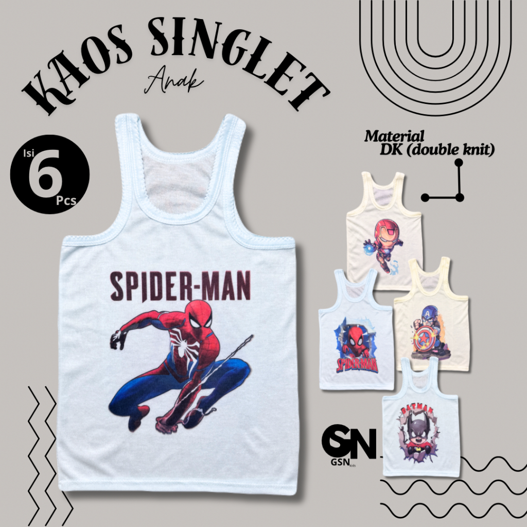 Kaos Dalam/SINGLET WARNA bayi/anak Karakter Laki-Laki Bahan Double Knit (6 pcs)