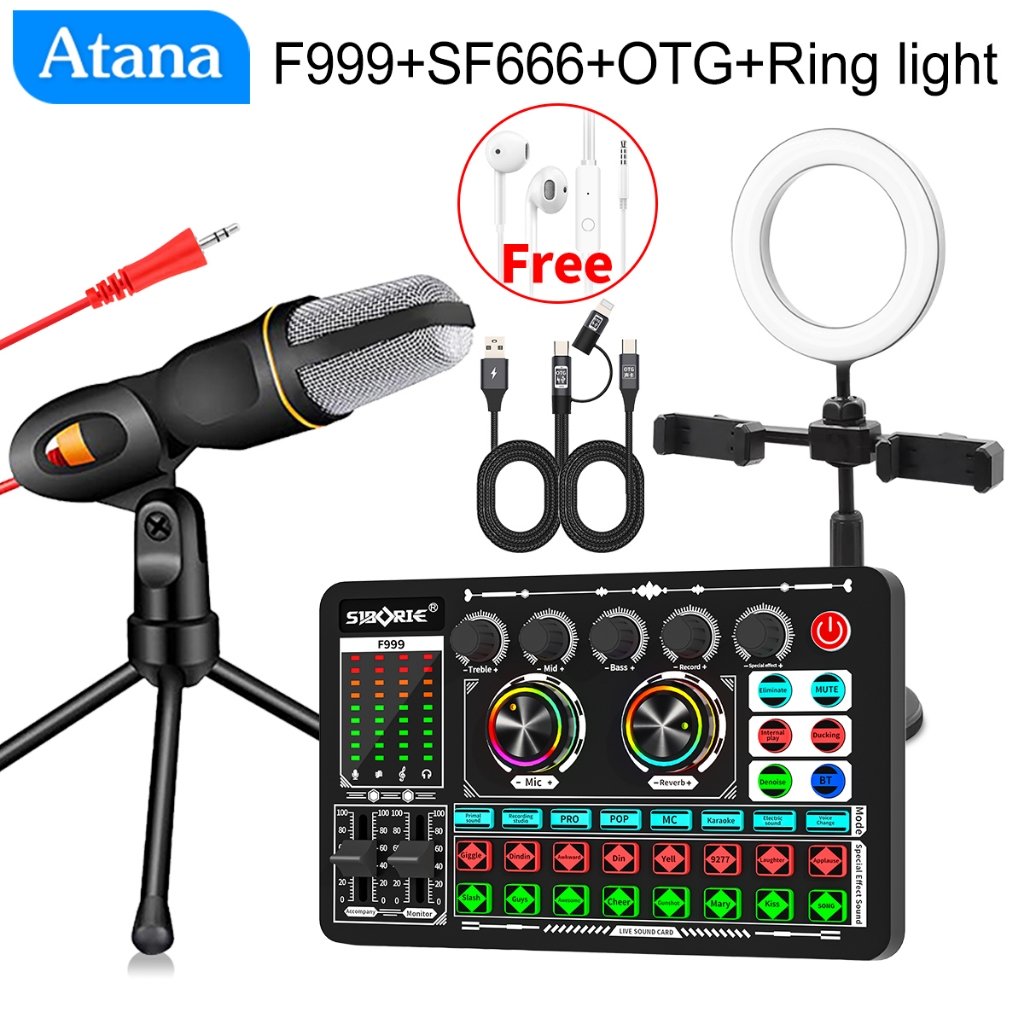 Siborie【Free Headset+OTG】F999 Soundcard+SF666 Mic+OTG-2IN1+Ring Lampu Paket Lengkap Set For Sound Ca