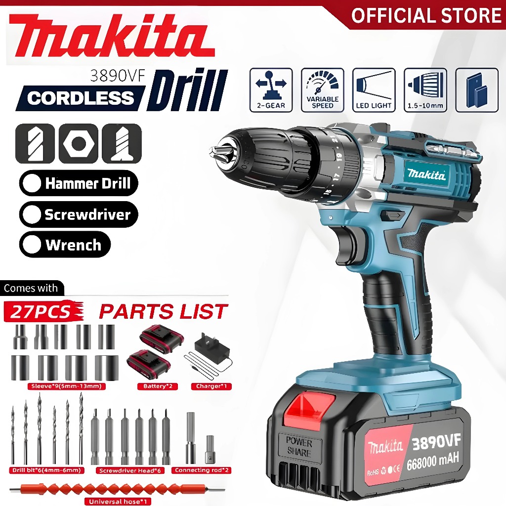 MAKITA Cordless Hand Drill 1288V / Bor Tembok Baterai (2 Set Baterai) - Bor Listrik Set Lengkap