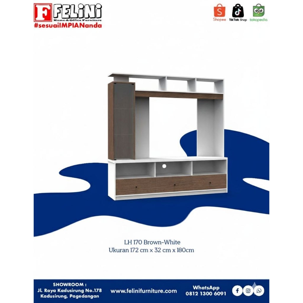 Felini - Lemari TV 170cm Warna Coklat Putih – Rak Display Hiasan & Penyimpanan Serbaguna