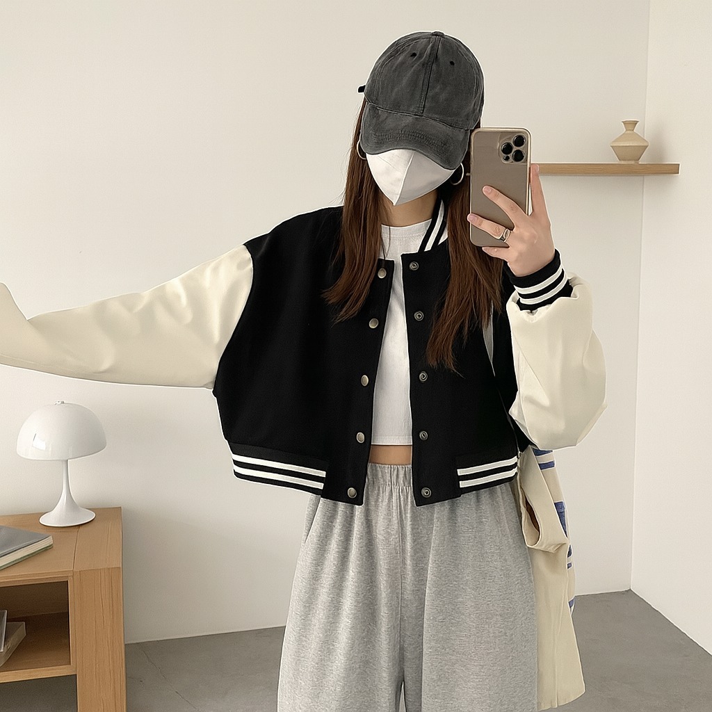 Naluna Studio Jaket Crop Baseball Polos Wanita Lengan Panjang SKU Crop Baseball