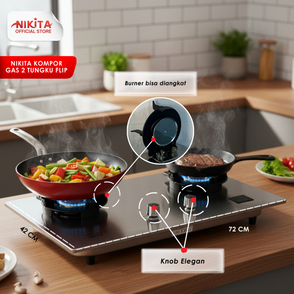 NIKITA Kompor Gas 2 Tungku Flip | Timer Otomatis | Stainless | Mudah Dibersihkan