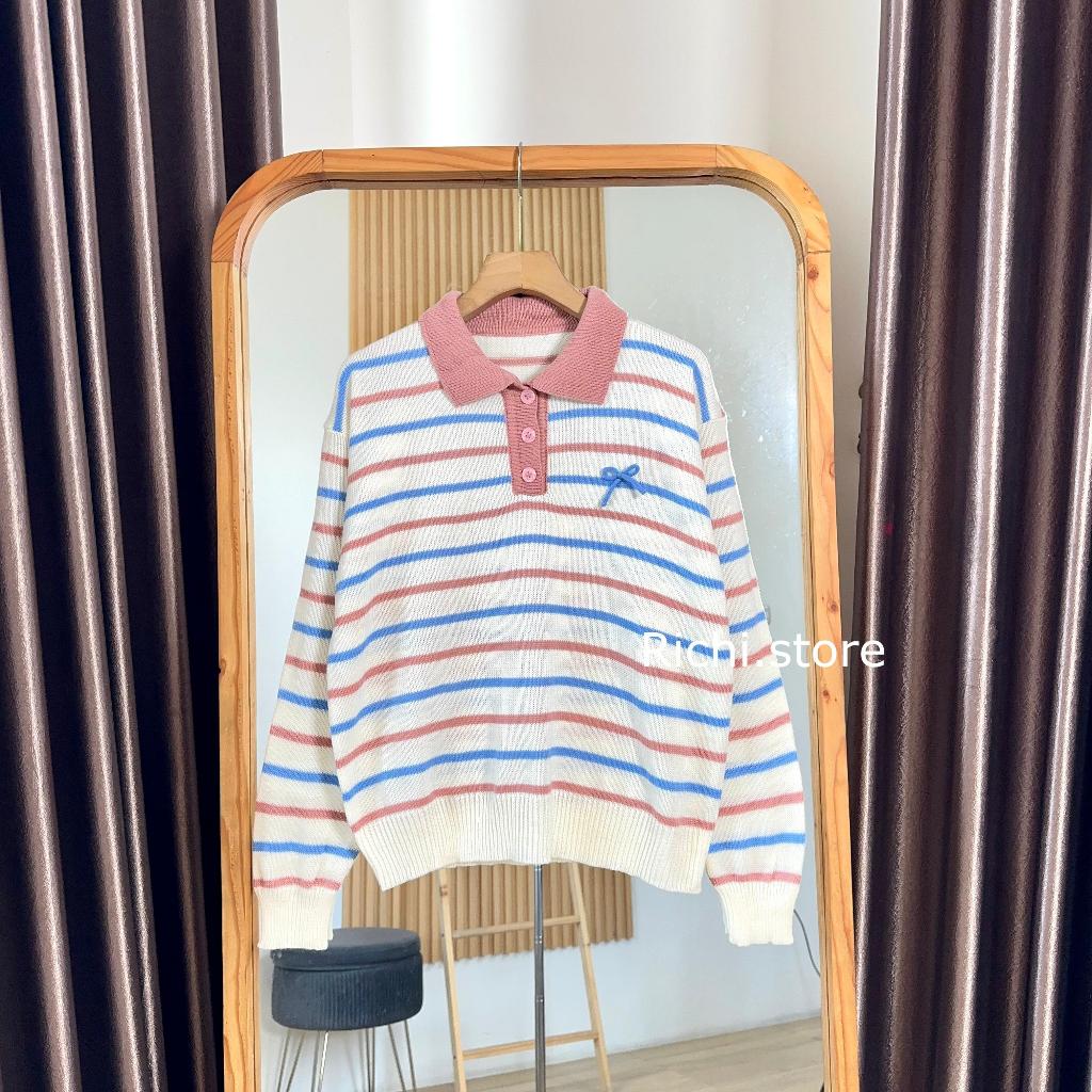 Hana Blouse Rajut Berkerah Baju Wanita Motif Salur