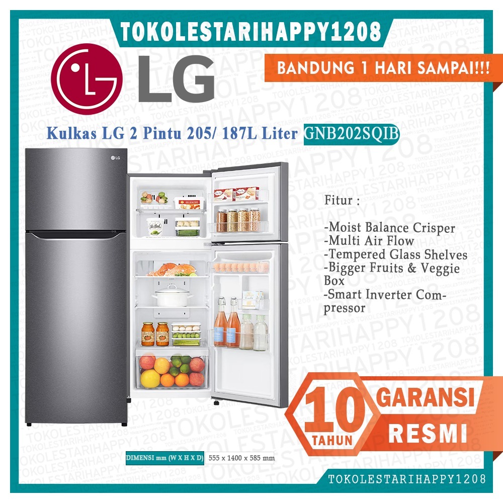 Kulkas LG 2 pintu Smart Inverter 202L GN-B202SQIB Khusus Bandung Murah