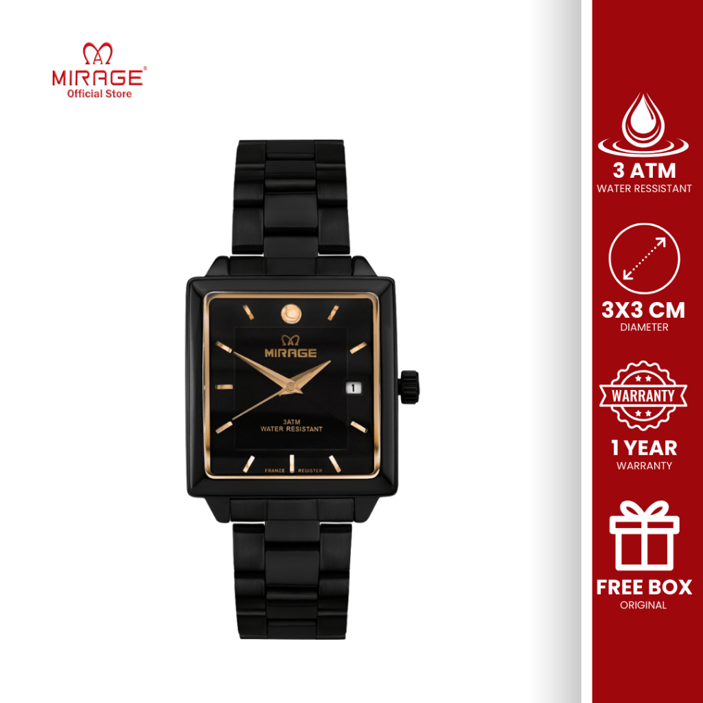 Mirage Jam Tangan Pria Formal Kasual Segi Petak Original Anti Air Analog Stainless Hitam 8834 M