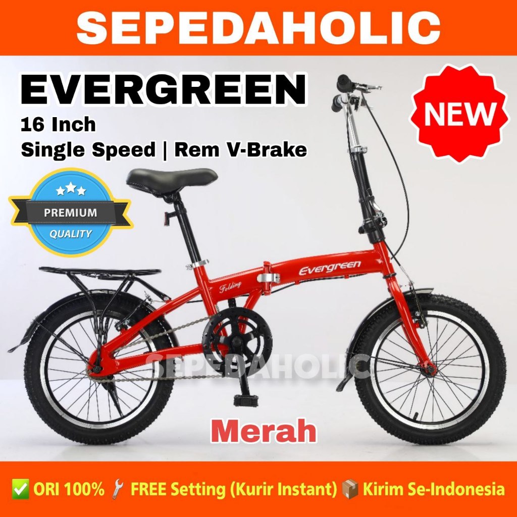 Sepeda Lipat EVERGREEN Ukuran 16 Inch Single Speed Rem V Brake Boncengan Anak Dewasa
