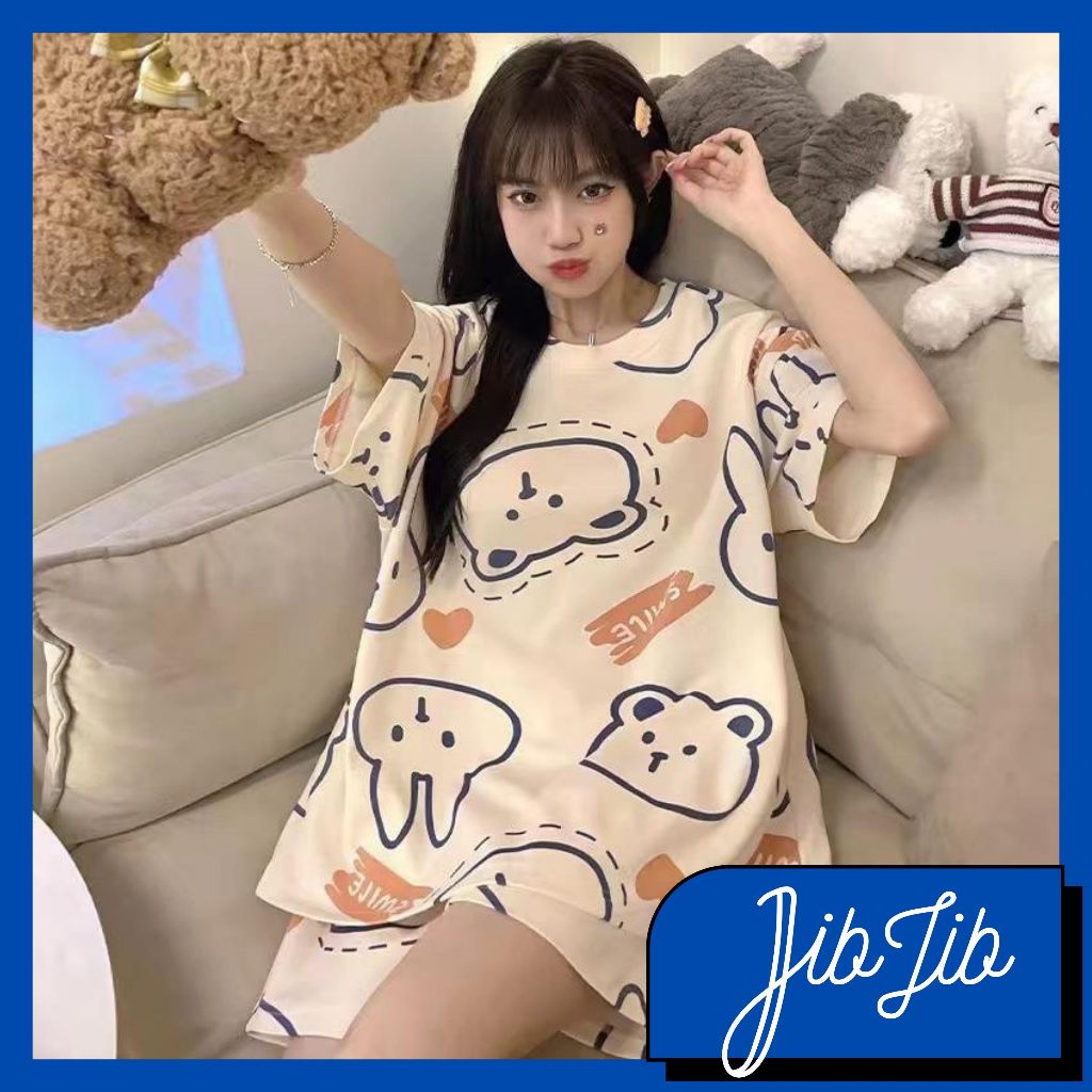 JIBJIB Baju Tidur Set Wanita Remaja Dewasa Piyama Setelan Kaos Lengan Pendek Celana Pendek Karakter 