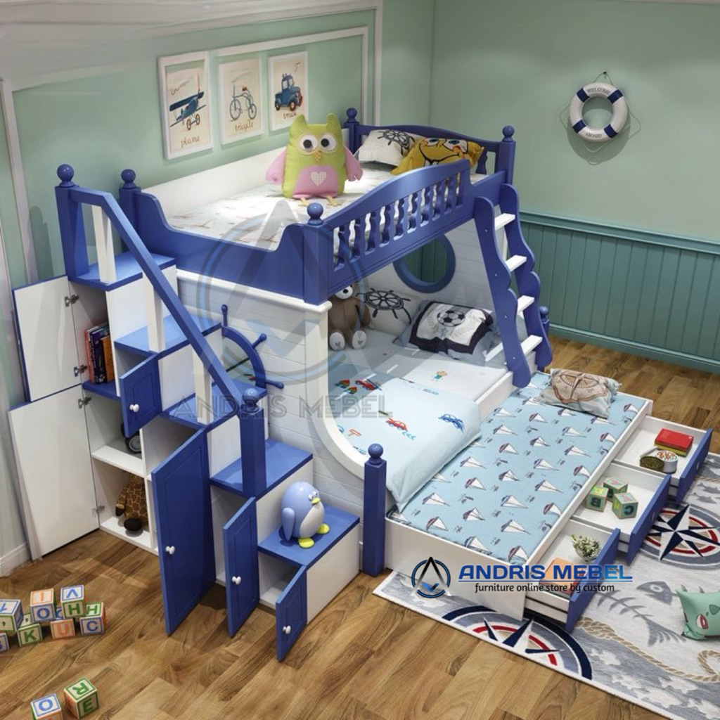 Tempat tidur tingkat anak kayu 3 kasur multifungsi, Dipan Ranjang anak susun minimalis