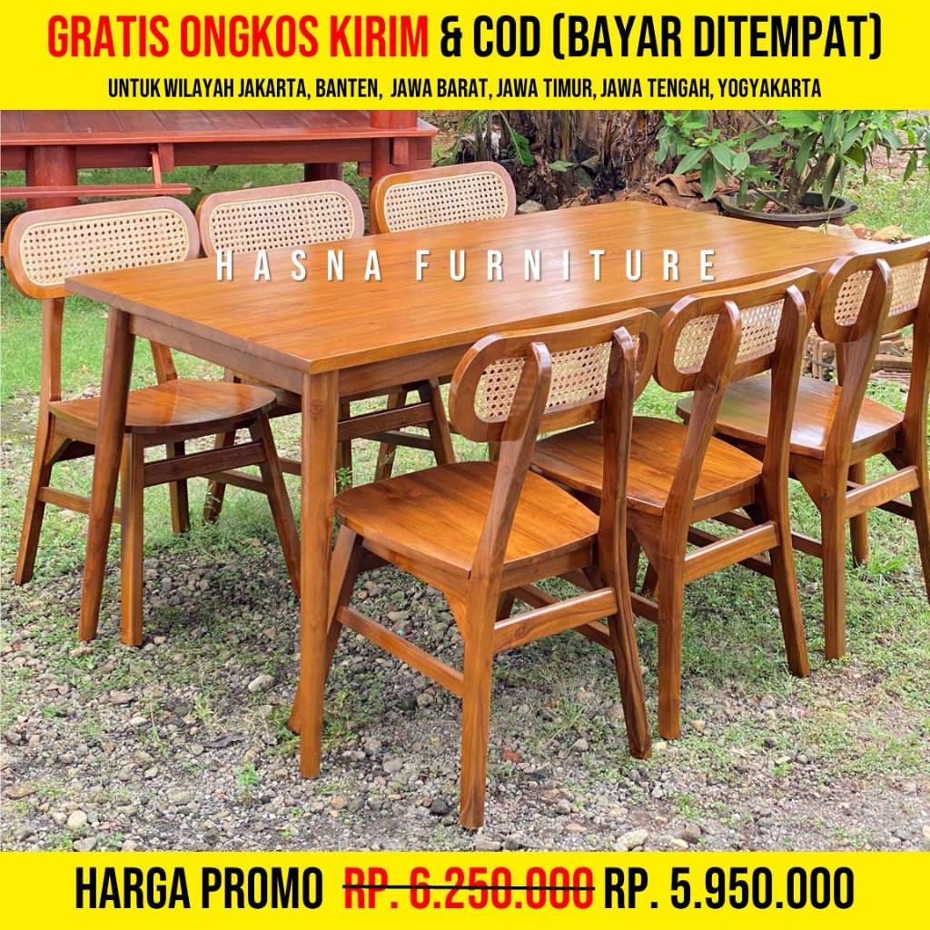 Set Meja Makan Jati Minimalis Modern 6 Kursi Tahan Lama, Meja Makan Minimalis Kayu Jati