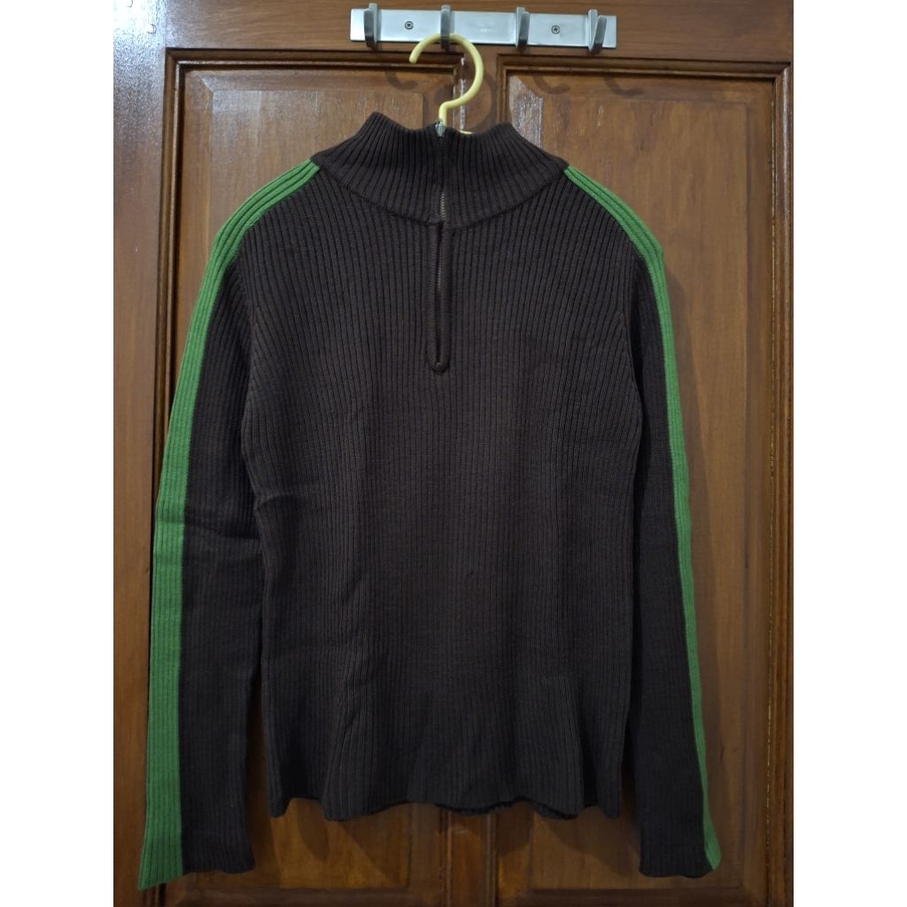 half zip slim wear ribbed knit brown green warna pekat